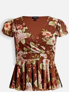 Torrid Brown Floral Mesh Surplice Puff Sleeve Peplum Top Sz 1X